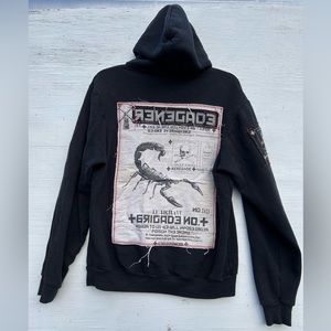 Black hand sewn custom patch work jacket hoodie by local San Francisco Artist